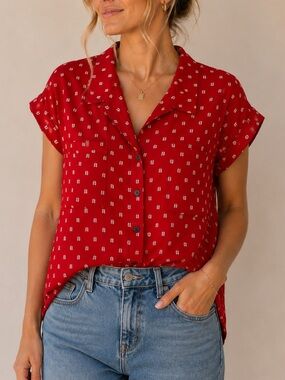 JACHS Girlfriend Red Rayon Button Front Blouse 2X Leaf Print Roll Sleeve Top